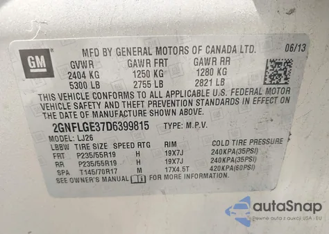 2013 Chevrolet Equinox Ltz from USA, damaged, VIN 2GNFLGE37D6399815